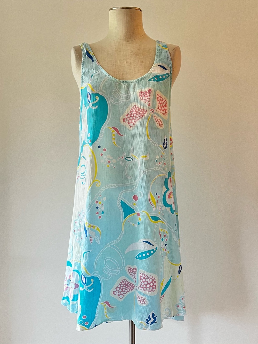 Vintage gauze cotton Light Blue Floral Sleeveless flowy Summer Dress